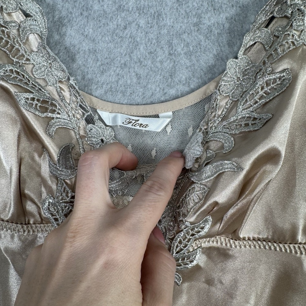 Flora Champagne Satin Chemise Slip Dress Size M Lace Trim V-Neck Babydoll Fairy - Picture 4 of 11
